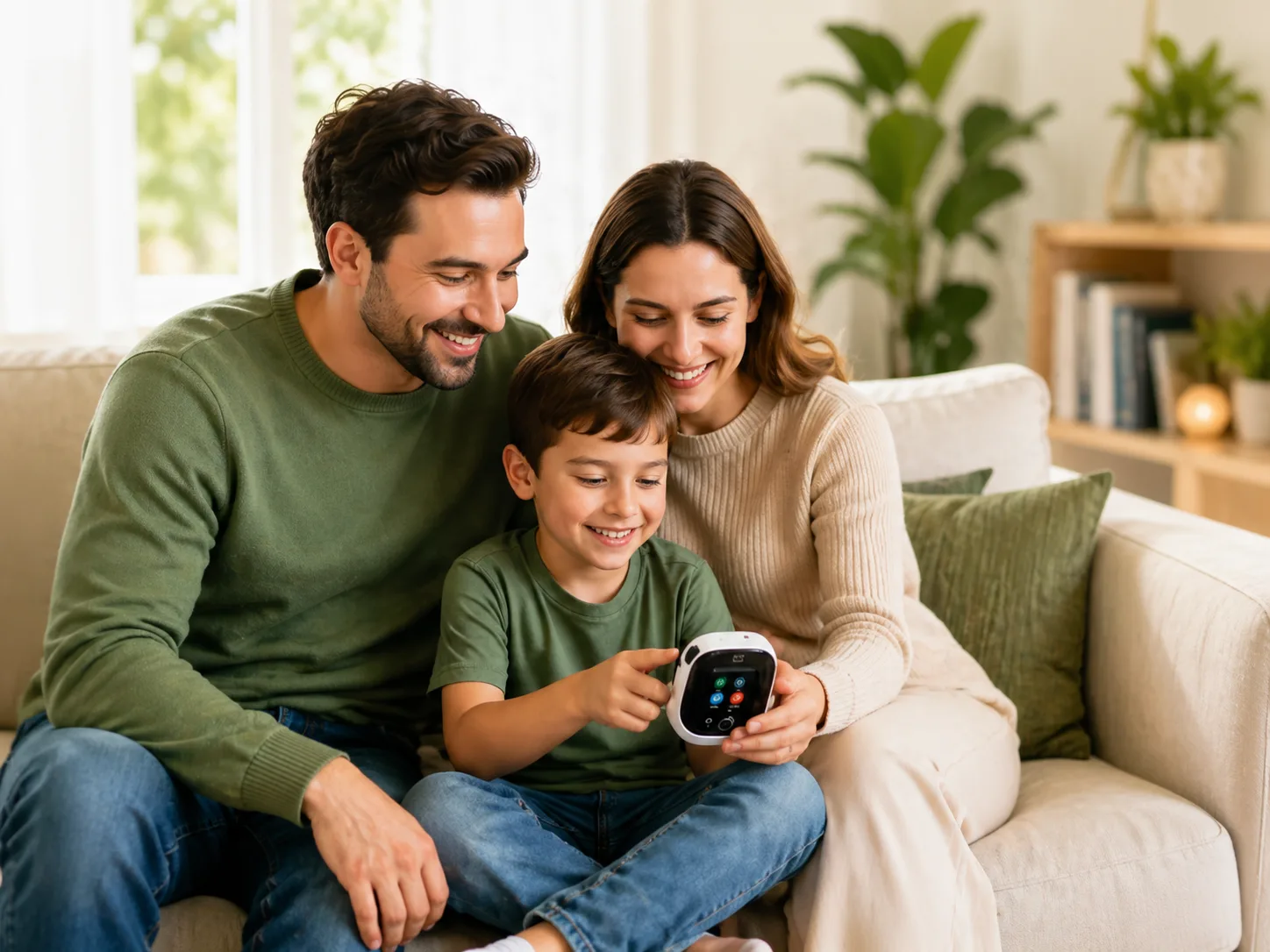 Familia usando el dispositivo TytoCare en casa