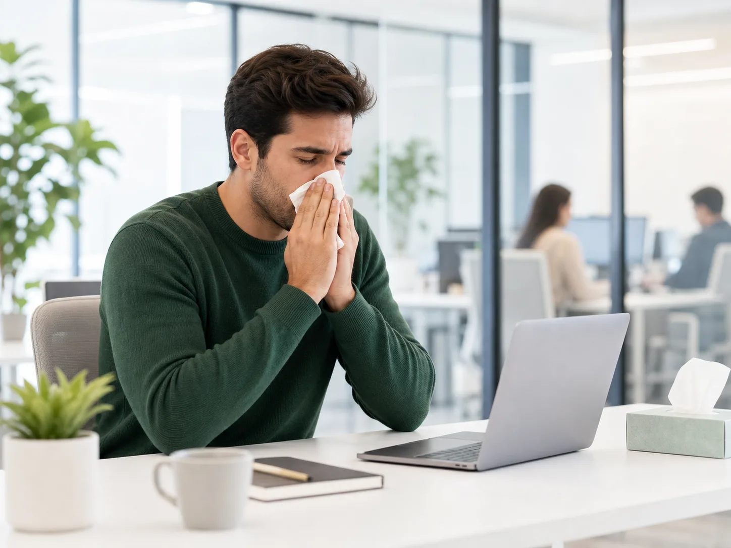 Empleado sonándose la nariz en la oficina