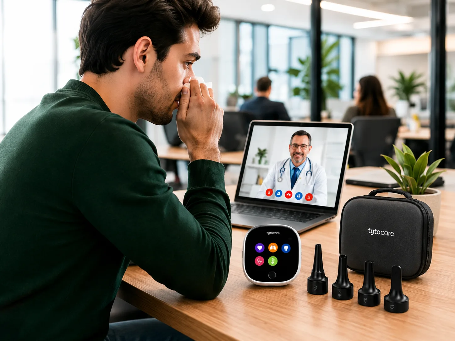Empleado usando DoctorSky y TytoCare desde la oficina