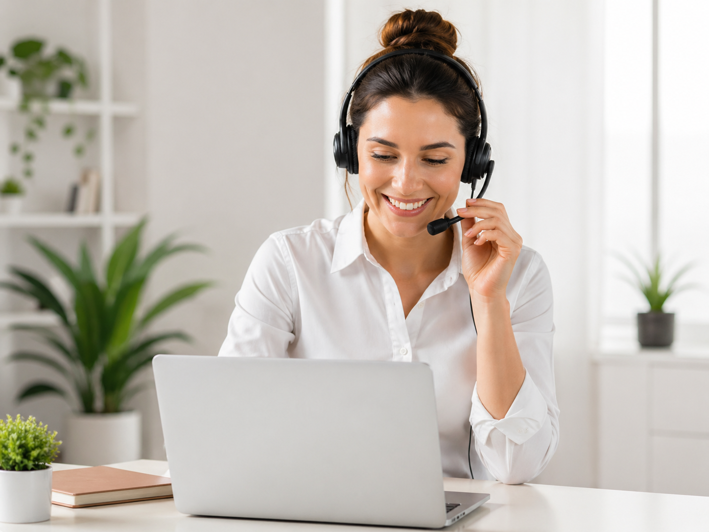 Asesora de DoctorSky atendiendo una consulta con auriculares y ordenador