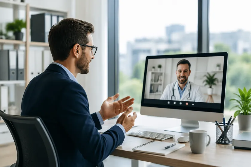 Profesional realizando una videoconsulta desde su empresa