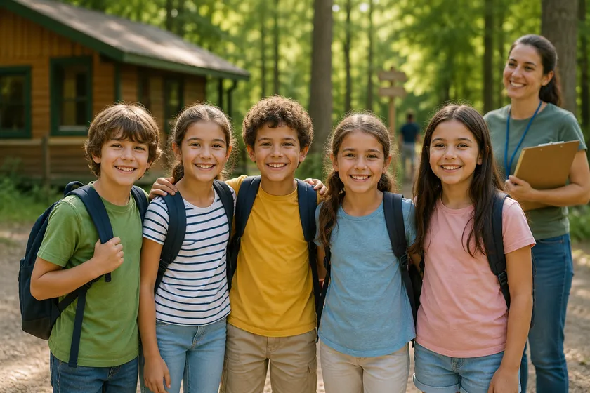Grupo de niños y monitora en un campamento