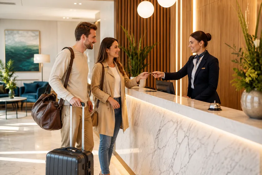 Huéspedes atendidos en la recepción de un hotel