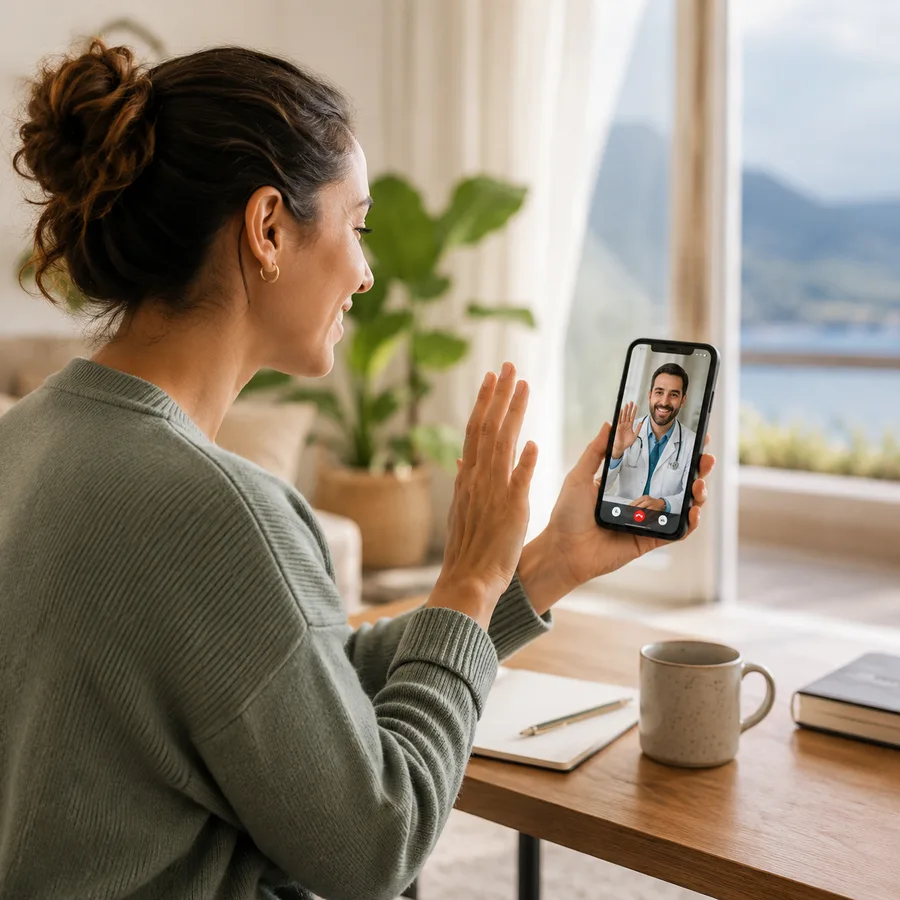 Mujer realizando una consulta online desde casa
