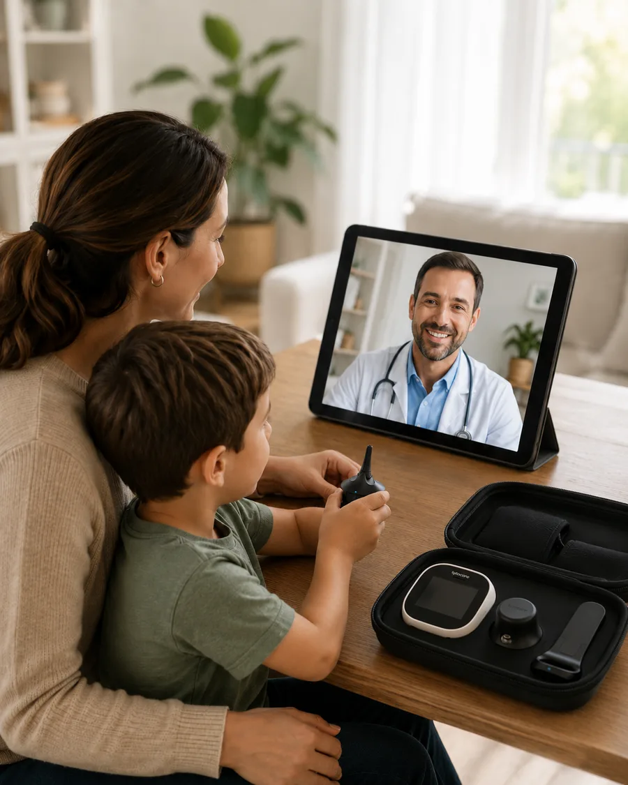 Madre e hijo realizando una exploración guiada con TytoCare