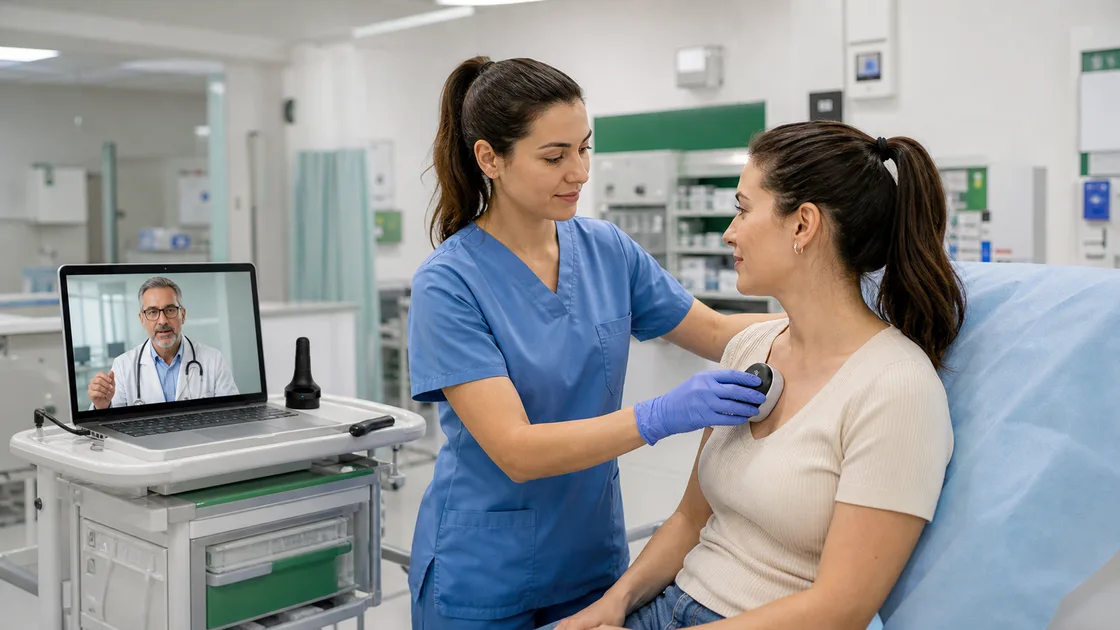 Enfermera realizando exploración guiada con telemedicina en Urgencias