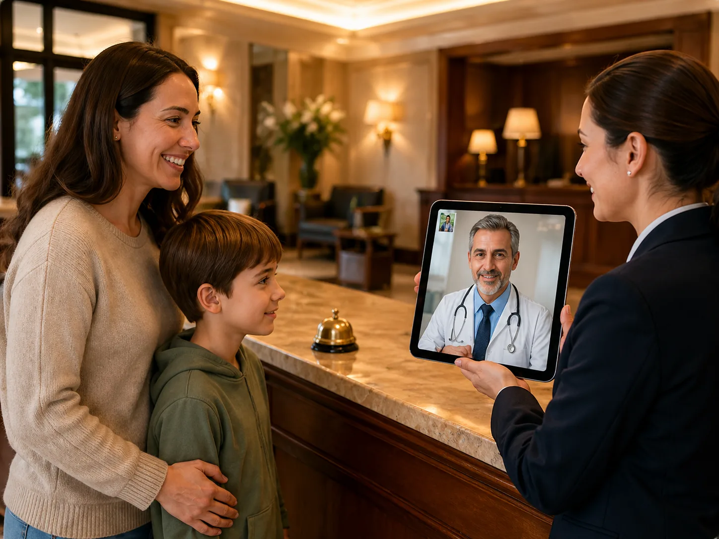 Familia atendida con apoyo médico en recepción