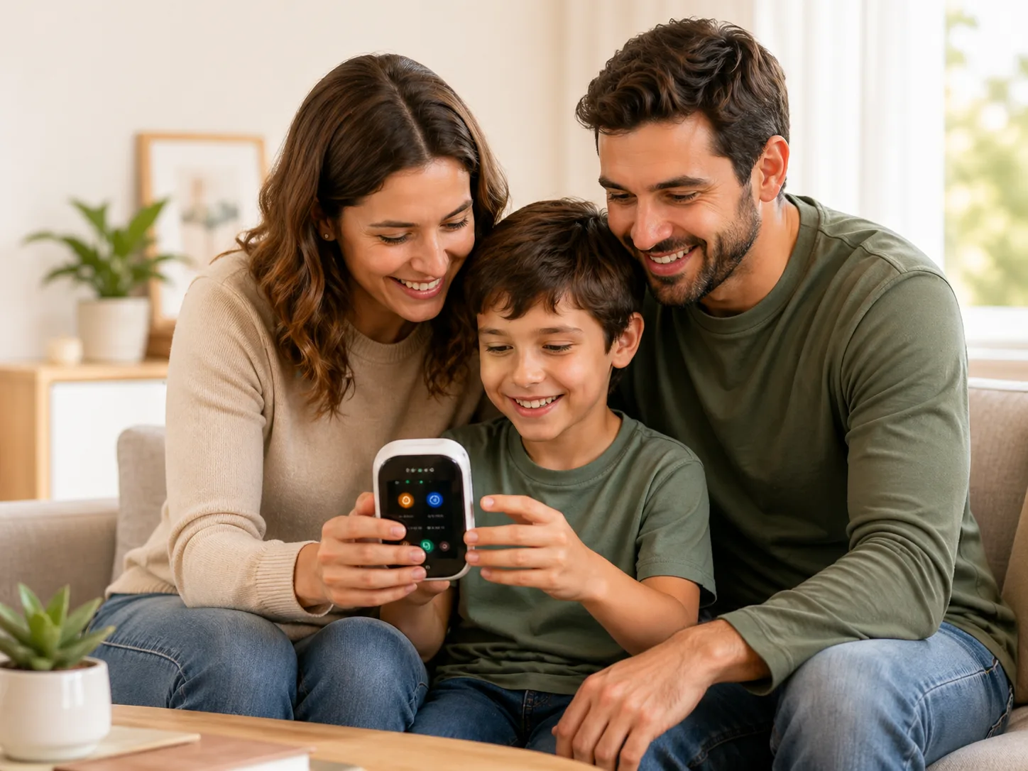 Familia usando DoctorSky con el dispositivo TytoCare en casa