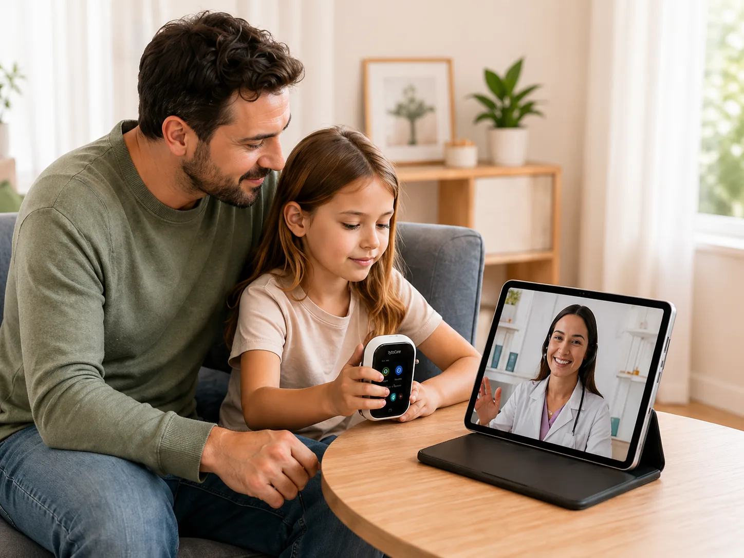 Padre e hija usando DoctorSky con una m&eacute;dica en videollamada