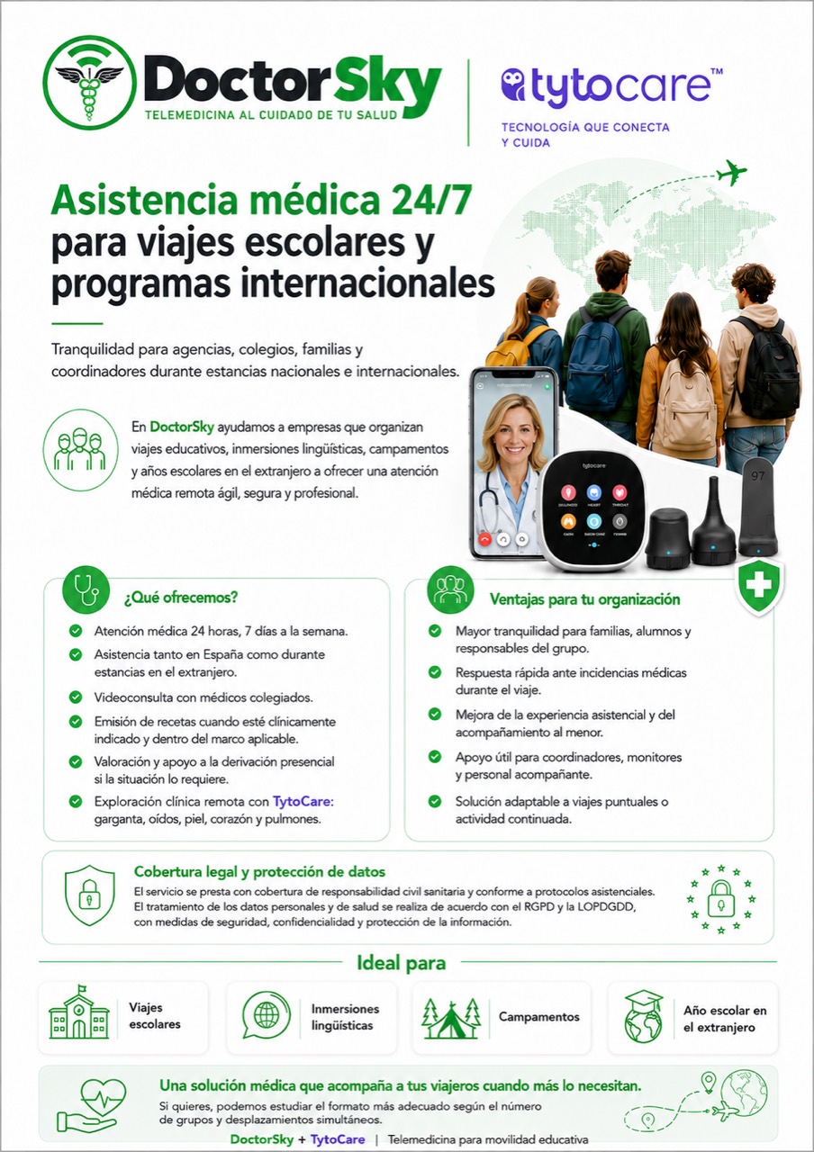 Folleto DoctorSky: asistencia médica 24/7 para viajes escolares y programas internacionales