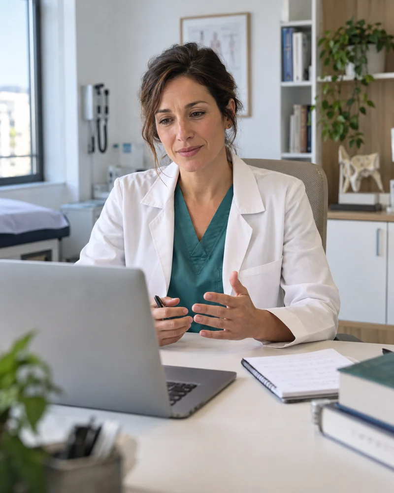 Médica durante una videoconsulta desde su despacho